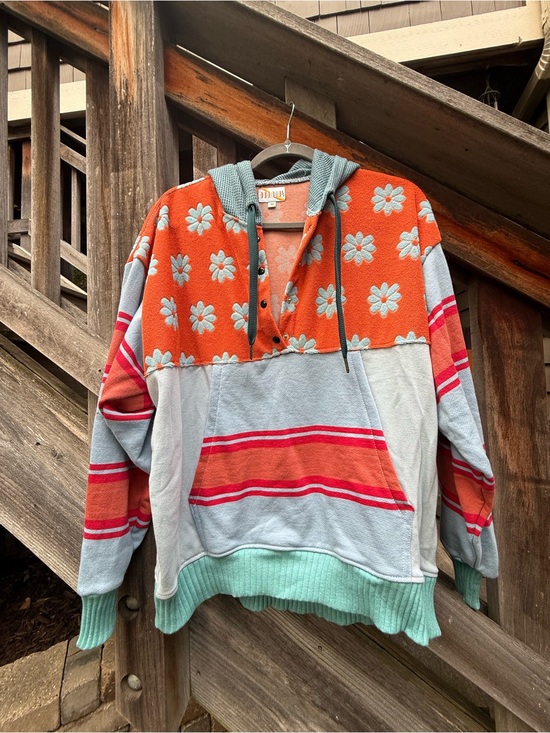 Oddment apparel Tops - Oddment Apparel - Handmade Patchwork Hoodie- Orange & Light Blue